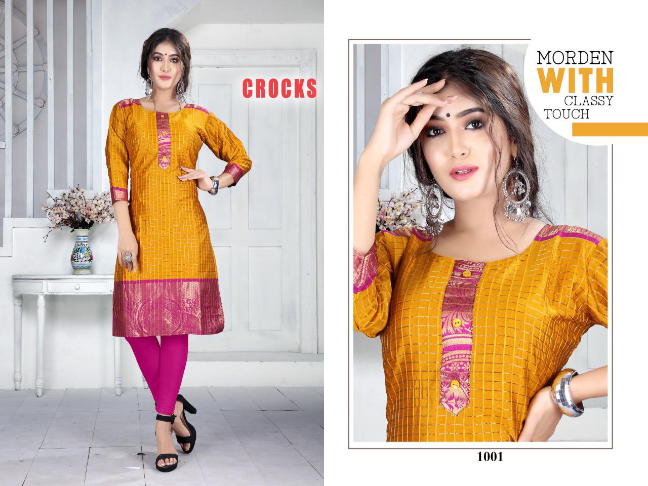 Trendy Crocks Latest Fancy Regular Wear Straight Designer Fancy Fabric Kurtis Collection